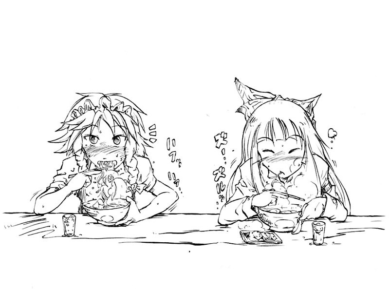 pandemonium, fujiwara no mokou, izayoi sakuya, touhou, 2girls, chopsticks, closed eyes, eating, female focus, food, greyscale, hat, monochrome, multiple girls, upper body, white background