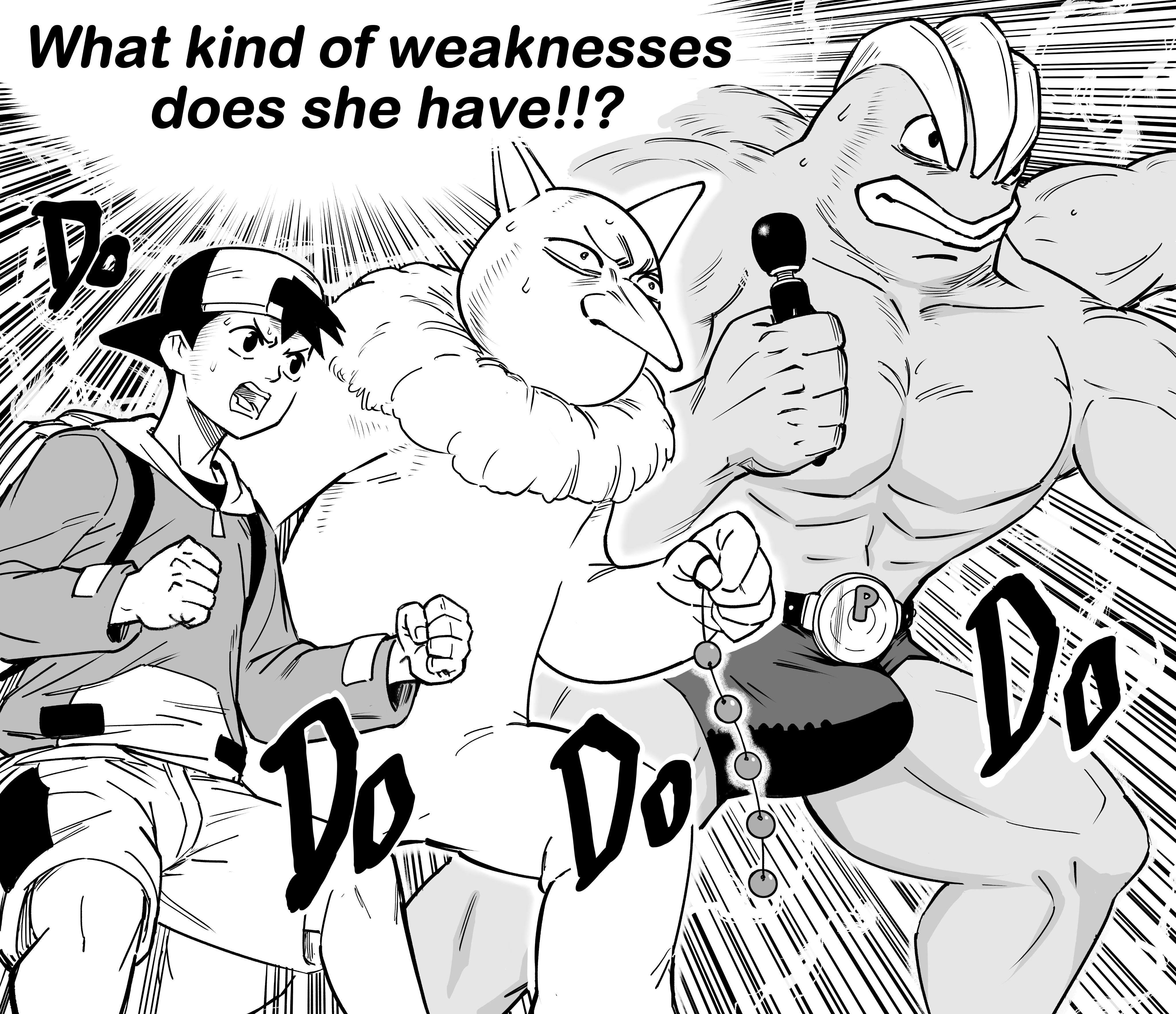bb (baalbuddy), ethan (pokemon), hypno, machamp, nintendo, pokemon, pokemon hgss, absurdres, highres, 1boy, anal beads, backpack, backwards hat, bag, bulge, clenched hand, dildo, emphasis lines, english text, extra arms, gen 1 pokemon, hat, holding, holding sex toy, monochrome, nervous sweating, open mouth, pokemon (creature), sex toy, shorts, sound effects, sweat, v-shaped eyebrows, vibrator