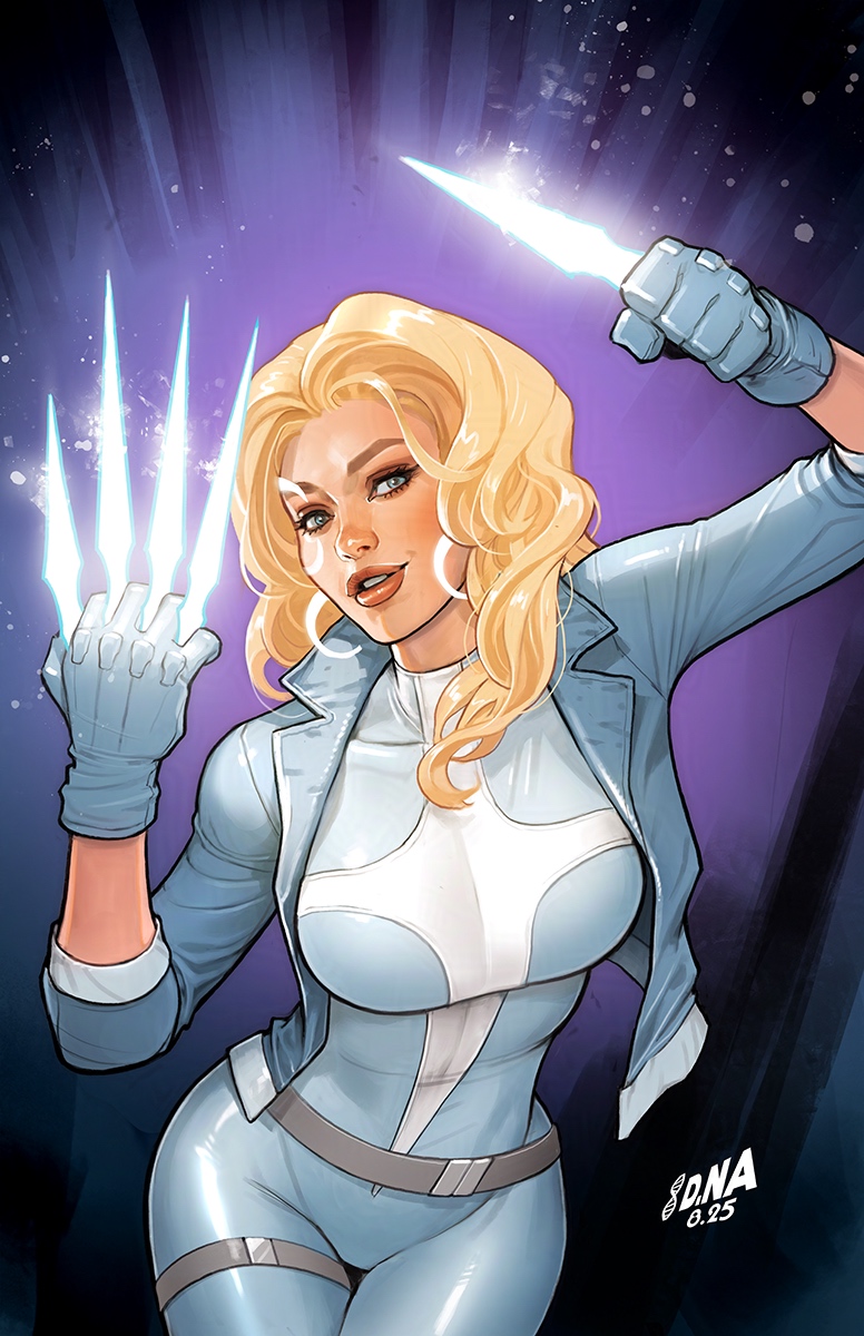 david nakayama, dagger (marvel), marvel, x-men, highres, 1girl, between fingers, blonde hair, blue eyes, bodysuit, dagger, energy dagger, gloves, glowing, glowing knife, glowing weapon, grey bodysuit, grey gloves, grey jacket, holding, holding dagger, holding knife, holding weapon, initial, jacket, knife, knives between fingers, long hair, looking at viewer, open clothes, open jacket, solo, weapon