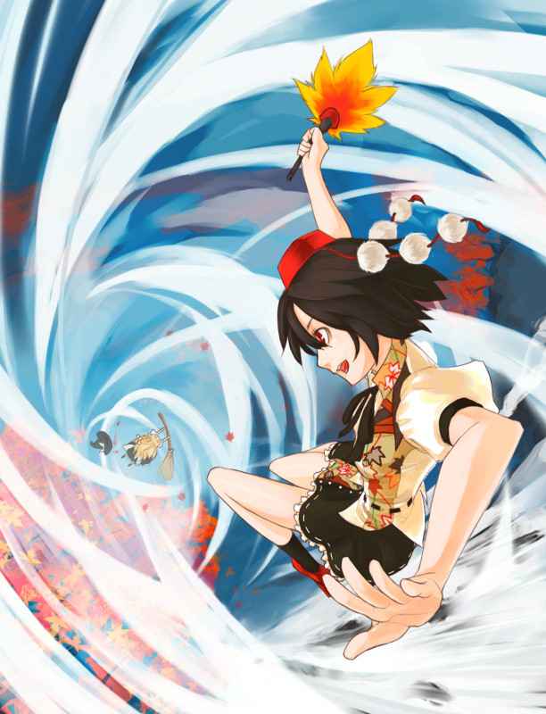 totteri, kirisame marisa, shameimaru aya, touhou, 2girls, battle, black hair, broom, female focus, flying, hat, multiple girls, outdoors, ribbon, short hair, skirt, wind