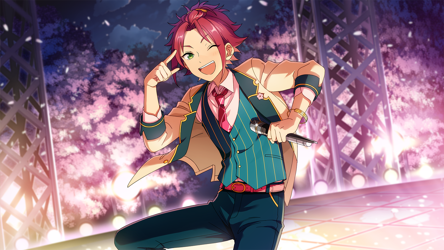 happy elements, isara mao, ensemble stars!, game cg, official art, third-party source, 1boy, bangs pinned back, belt, belt buckle, bracelet, buckle, buttons, cherry blossoms, collared shirt, diagonal-striped clothes, diagonal-striped necktie, green eyes, hand up, holding, holding microphone, jacket, jewelry, lapels, looking at viewer, male focus, microphone, necktie, notched lapels, one eye closed, open clothes, open jacket, open mouth, pink belt, pink necktie, sakura fes (ensemble stars!), shirt, short hair, solo, stage lights, striped clothes, teeth, three-quarter sleeves, upper teeth only, vest
