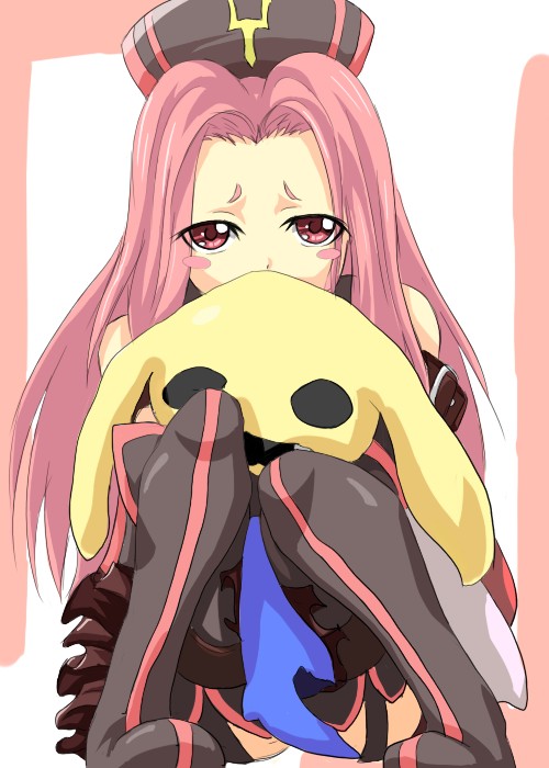 nana g, arietta (tales), tales of (series), tales of the abyss, 00s, blush, doll, garter belt, hat, long hair, pink hair, red eyes, sitting, solo, thighhighs
