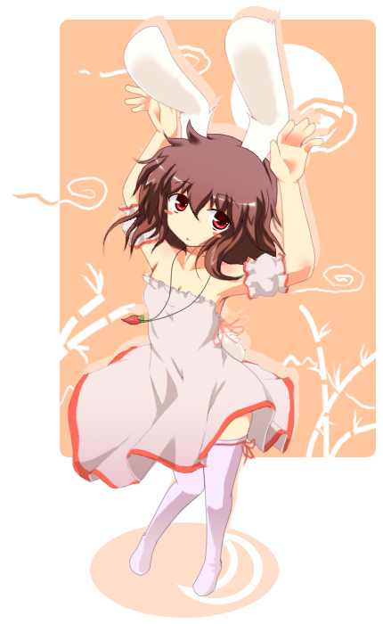 nejime, inaba tewi, touhou, bad id, bad pixiv id, 1girl, animal ears, caramelldansen, carrot, female focus, plant, rabbit ears, short hair, solo, standing, thighhighs, white background