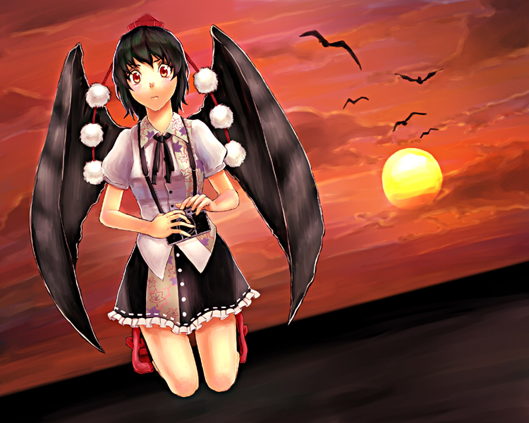alioth (pixiv), arioto, shameimaru aya, touhou, bad id, bad pixiv id, 1girl, black hair, black wings, camera, female focus, hat, looking at viewer, red hat, ribbon, short hair, skirt, solo, thighs, wings