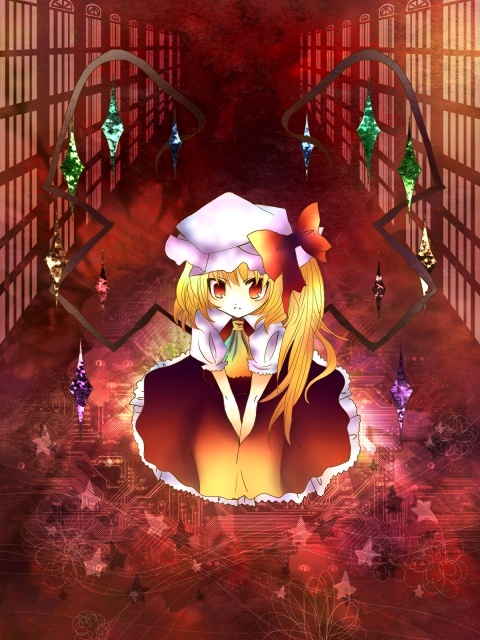 kohinata raichi, flandre scarlet, touhou, bad id, bad pixiv id, 1girl, blonde hair, circuit board, female focus, hat, indoors, mob cap, ponytail, ribbon, short hair, solo, standing, wings