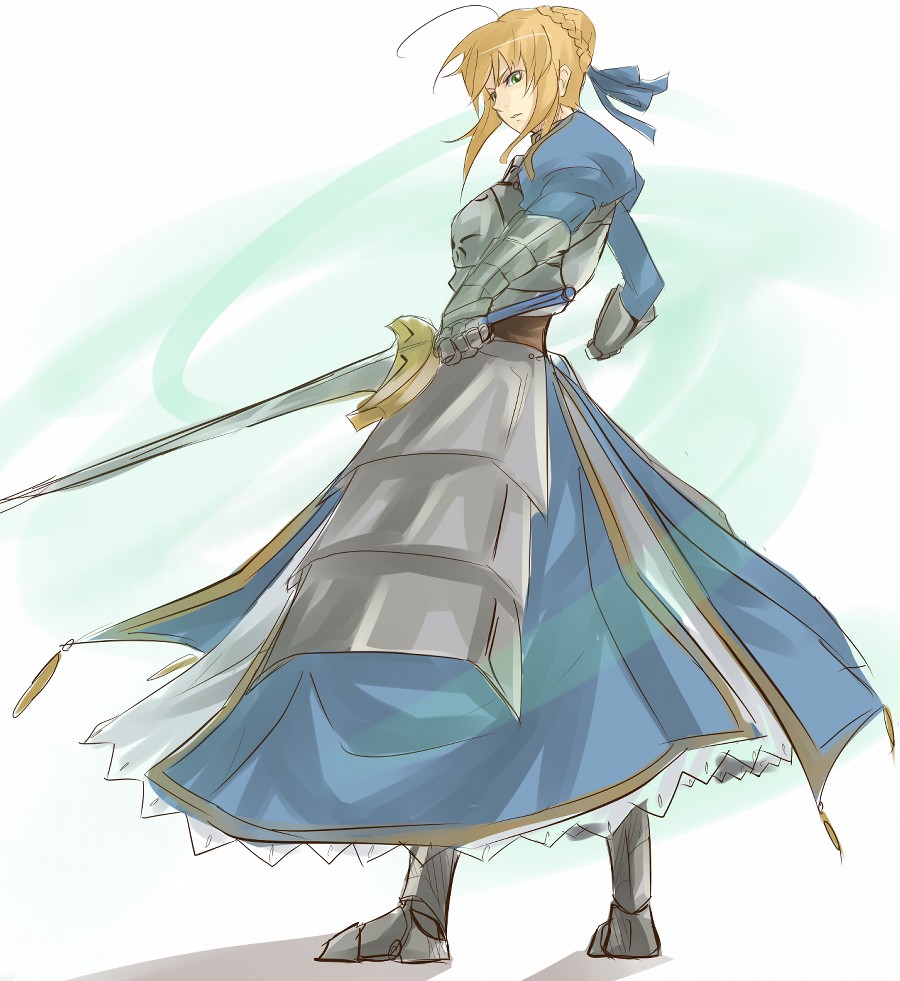 nana g, artoria pendragon (fate), saber (fate), fate/stay night, fate (series), jpeg artifacts, 00s, 1girl, armor, armored dress, blonde hair, braid, dress, faulds, female focus, green eyes, short hair, solo, sword, weapon