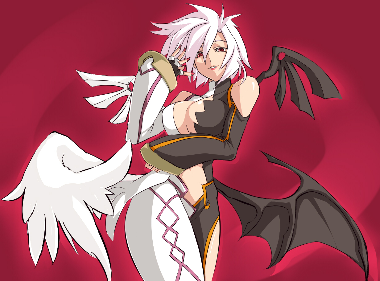 nana g, gelda nebilim, tales of (series), tales of the abyss, 00s, 1girl, angel wings, bat wings, female focus, low wings, monochrome, nail polish, nebilim, pink background, red eyes, red nails, short hair, solo, white hair, wings
