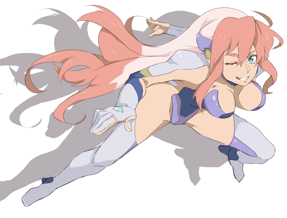 nana g, birdy cephon altera, tetsuwan birdy, tetsuwan birdy decode, 00s, 1girl, breasts, colored bangs, female focus, green eyes, large breasts, leotard, long hair, multicolored hair, one eye closed, pink hair, solo, thighhighs, wink