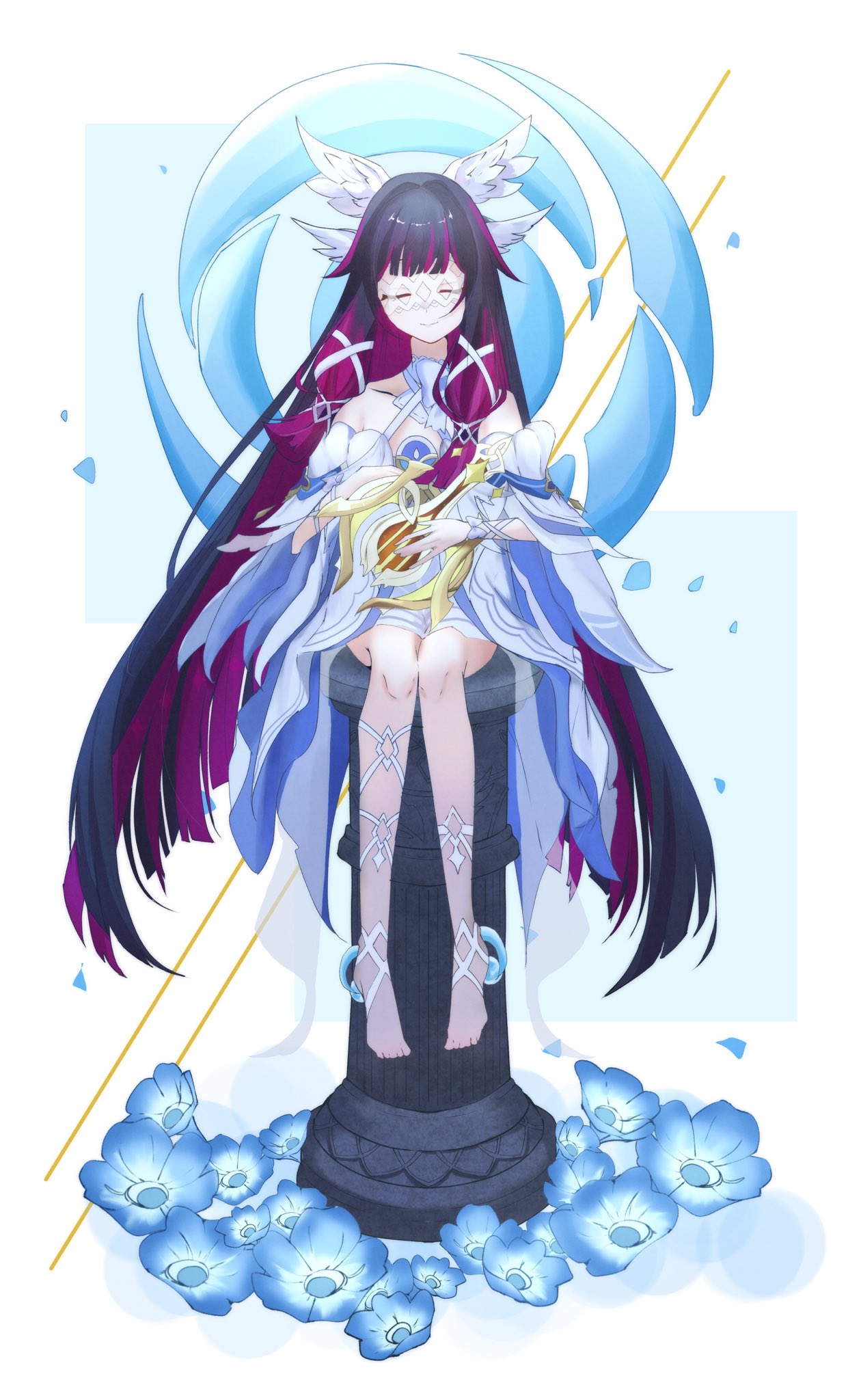 kikinonono, columbina (genshin impact), genshin impact, highres, second-party source, 1girl, bare shoulders, barefoot, black hair, closed eyes, closed mouth, column, detached sleeves, dress, eye mask, facing viewer, flower, full body, harp, holding, holding instrument, instrument, long hair, multicolored hair, pillar, red hair, sitting, smile, solo, very long hair, white dress