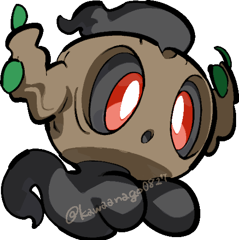 kawaanago, phantump, nintendo, pokemon, commentary request, lowres, :o, bright pupils, chibi, chibi only, full body, gen 6 pokemon, leaf, no humans, open mouth, pokemon (creature), pokemon focus, red eyes, solo, transparent background, twitter username, white pupils