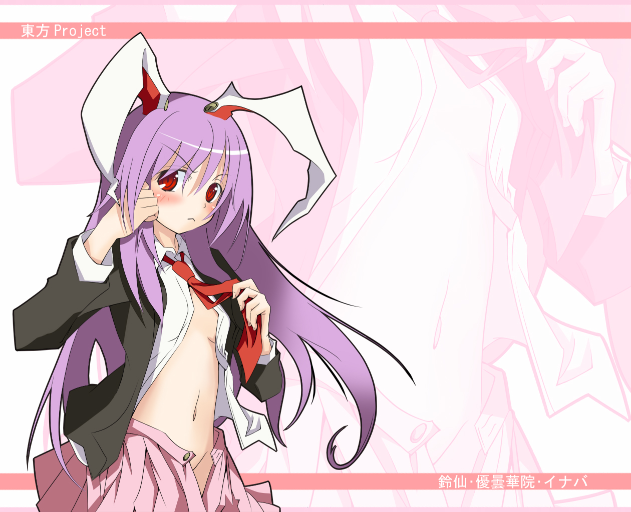 ogami kazuki, reisen udongein inaba, touhou, 1girl, animal ears, blush, female focus, long hair, necktie, open clothes, open shirt, purple hair, rabbit ears, red eyes, red necktie, shirt, solo, undressing