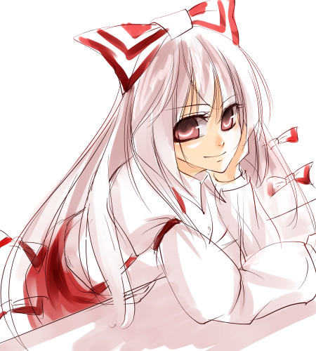 miya9, fujiwara no mokou, touhou, lowres, 1girl, bow, female focus, hair bow, hand on own face, head rest, light smile, looking at viewer, multiple hair bows, red eyes, shirt, solo, suspenders