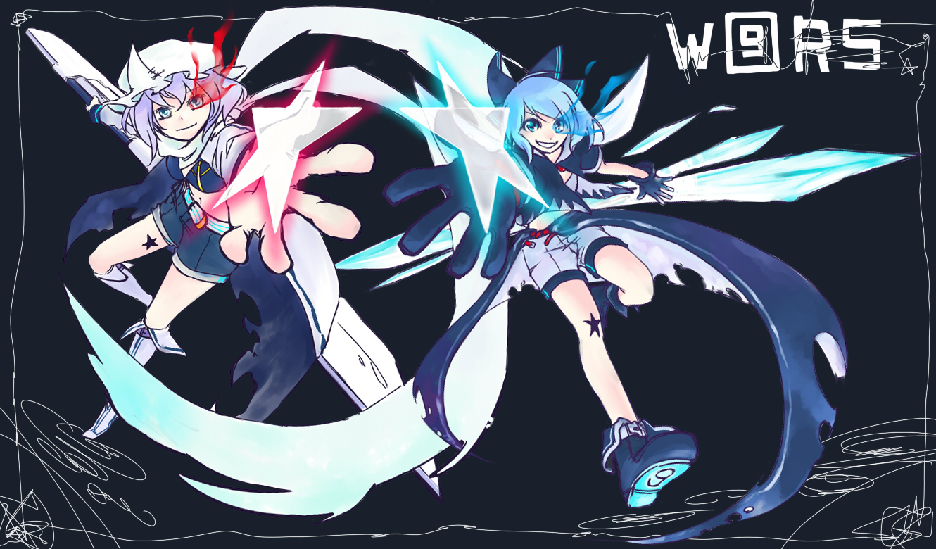 satou, black rock shooter (character), cirno, letty whiterock, white rock shooter, black rock shooter, touhou, vocaloid, 2girls, black rock shooter (cosplay), circled 9, cosplay, female focus, hat, mob cap, multiple girls, parody, power connection, star (symbol), star tattoo, tattoo, torn clothes