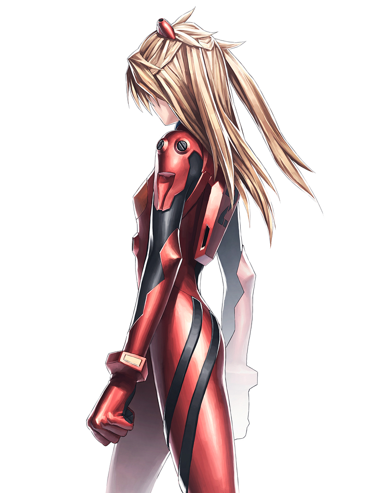 iwai ryou, souryuu asuka langley, neon genesis evangelion, 1girl, blonde hair, bodysuit, bracer, breasts, brown hair, clenched hand, cowboy shot, female focus, flat chest, from side, gloves, hair ornament, long hair, mecha pilot suit, plugsuit (evangelion), simple background, skinny, small breasts, solo, standing, turtleneck, twintails, two side up, white background