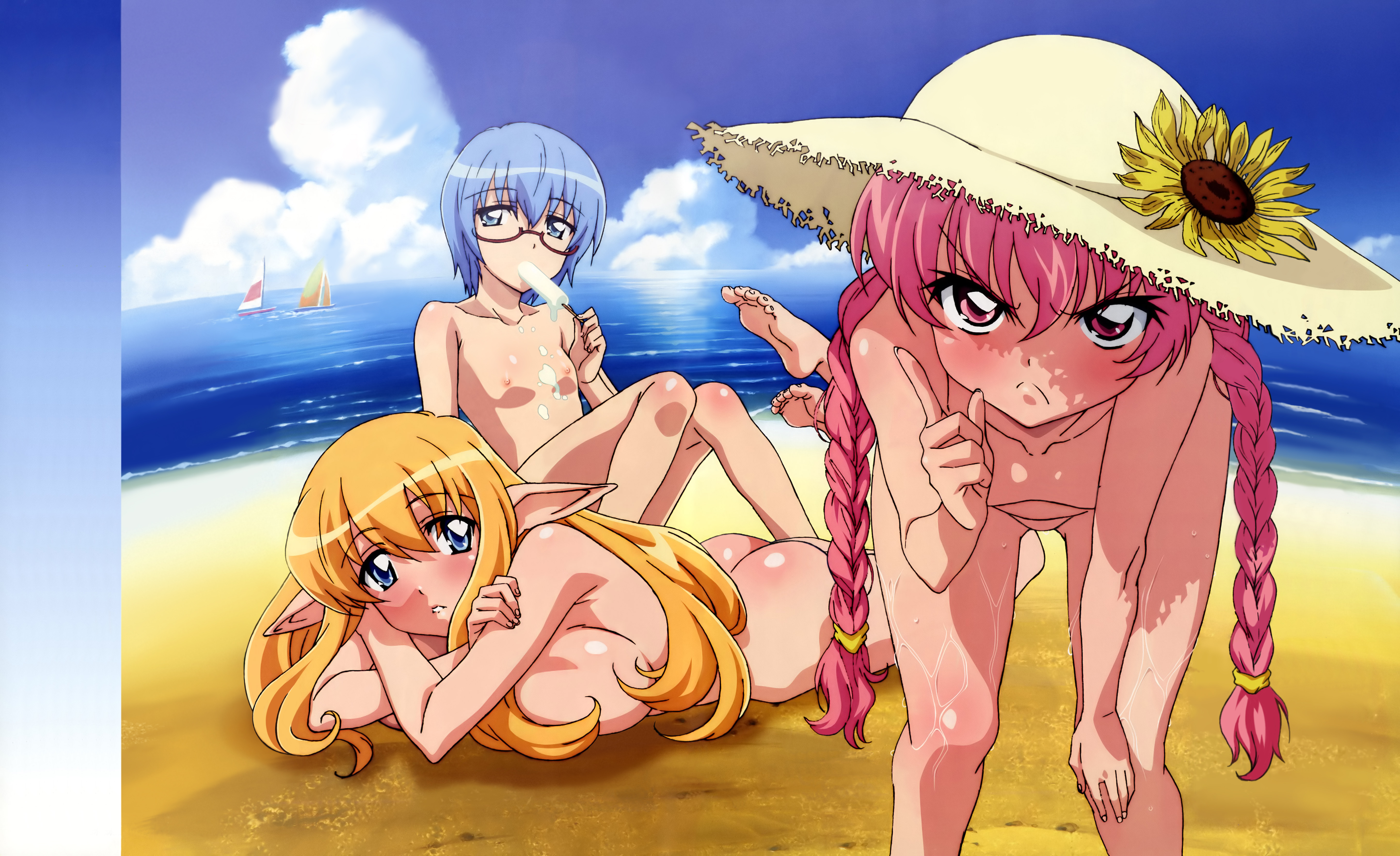 hiyamizu yukie, louise francoise le blanc de la valliere, tabitha (zero no tsukaima), tiffania westwood, zero no tsukaima, messy, absurdres, highres, non-web source, nude filter, scan, third-party edit, 00s, 3girls, :>=, :<, angry, ass, bandeau, barefoot, beach, bent over, blonde hair, blue eyes, blue hair, blush, boat, bob cut, braid, breast press, breasts, butt crack, cloud, crossed arms, day, elf, embarrassed, feet, fingernails, flat chest, flower, food, frown, glasses, hat, large breasts, legs up, long fingernails, long hair, multiple girls, nipples, nude, nudist, outdoors, pink eyes, pink hair, pointing, pointy ears, popsicle, public indecency, sailboat, short hair, sideboob, sitting, sky, standing, sun hat, sunflower, twin braids, water, watercraft, wet