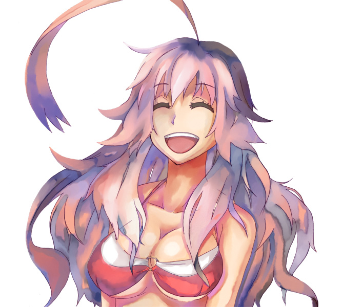 pro, mutsumune escartin, getsumento heiki miina, 00s, 1girl, :d, ^ ^, ahoge, bikini, breasts, cleavage, closed eyes, female focus, hair between eyes, hair over breasts, happy, large breasts, laughing, long hair, o-ring, o-ring bikini, o-ring top, open mouth, pink hair, sidelocks, simple background, smile, solo, swimsuit, underboob, upper body, wavy hair, white background