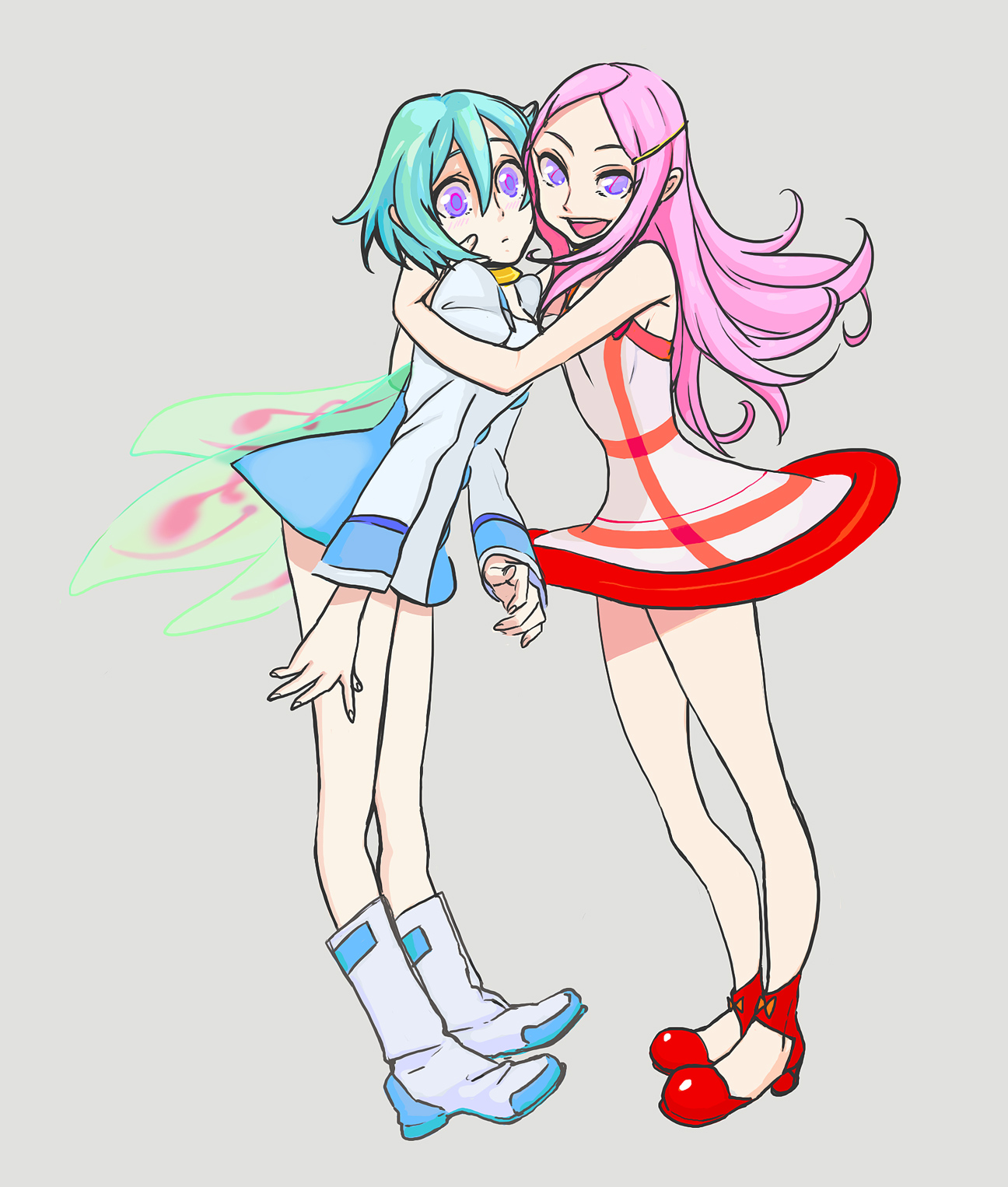 kitayama, anemone (eureka seven), eureka (eureka seven), eureka seven, eureka seven (series), white footwear, bad id, bad pixiv id, highres, 00s, 2girls, aqua hair, blue hair, blush, boots, dress, hug, long hair, multiple girls, pink hair, purple eyes, short hair, wings
