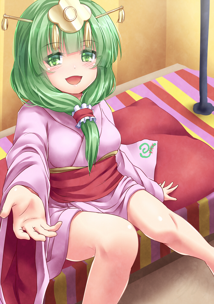 umarutsufuri, kagiyama hina, hinamatsuri, touhou, 1girl, breasts, frilled ribbon, frills, front ponytail, green eyes, green hair, hair ribbon, japanese clothes, kimono, looking at viewer, open mouth, pink kimono, red ribbon, ribbon, sitting, solo, wide sleeves