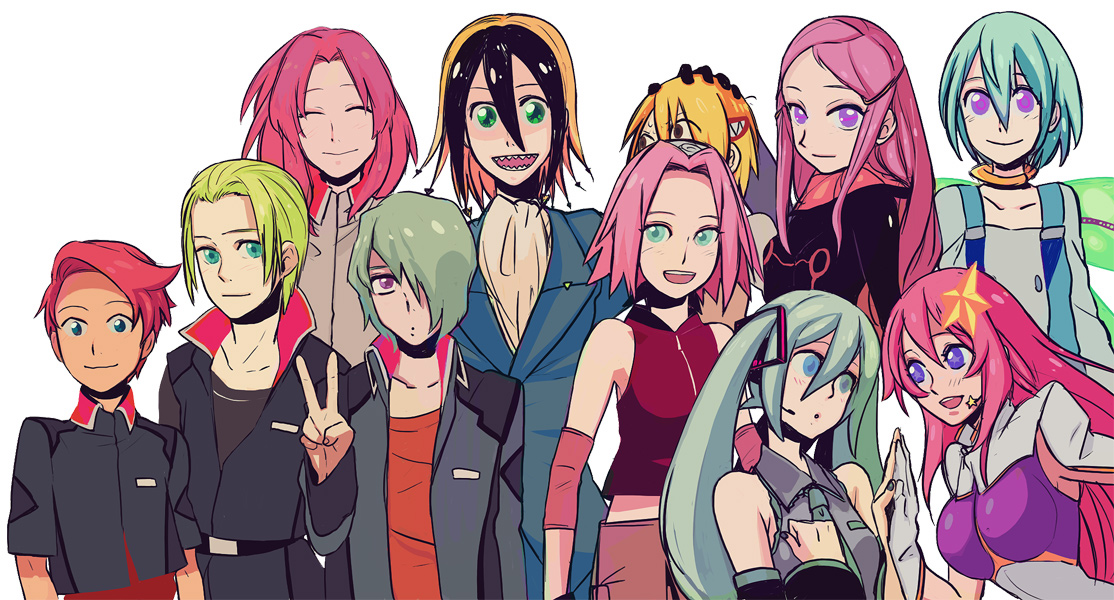 kitayama, anemone (eureka seven), clotho buer, eureka (eureka seven), flay allster, haruno sakura, hatsune miku, katsuragi yako, meer campbell, nougami neuro, orga sabnak, shani andras, eureka seven, eureka seven (series), gundam, gundam seed, gundam seed destiny, majin tantei nougami neuro, naruto (classic), naruto (series), vocaloid, annotated, bad id, bad pixiv id, 00s, 4boys, 6+girls, blonde hair, colored bangs, green hair, hair ornament, holding hands, multiple boys, multiple girls, pink hair, short hair, star (symbol), star hair ornament, v