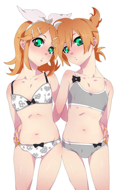 numeri, kagamine len, kagamine rin, vocaloid, 1boy, 1girl, androgynous, blonde hair, bra, brother and sister, bulge, crossdressing, green eyes, lingerie, matching underwear, nail polish, orange nails, panties, ribbon, shota, siblings, training bra, trap, twins, underwear, underwear only