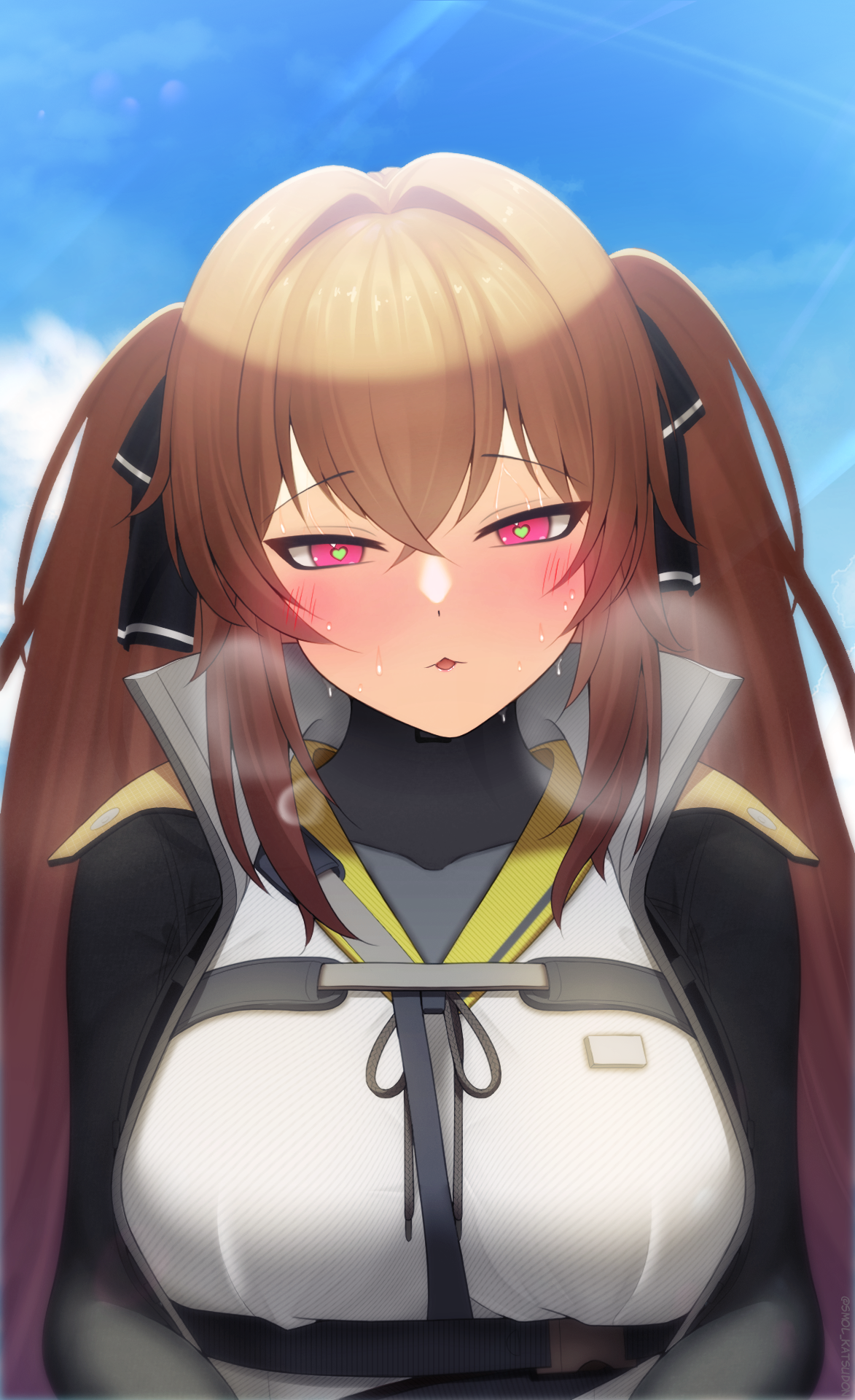 45sensei, lenna (girls' frontline 2), ump9 (girls' frontline), girls' frontline, girls' frontline 2: exilium, commentary, english commentary, highres, 1girl, black jacket, blue sky, blush, breasts, brown hair, cloud, green pupils, hair intakes, heart, heart-shaped pupils, heavy breathing, jacket, long hair, open clothes, open jacket, open mouth, red eyes, sailor collar, shirt, sky, solo, straight-on, sweat, symbol-shaped pupils, twintails, upper body, white shirt, yellow sailor collar