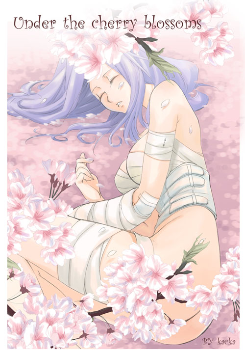 kacka, cornelia li britannia, code geass, bad id, bad pixiv id, 00s, ass, bandages, cherry blossoms, closed eyes, flower, long hair, purple hair, sleeping, solo