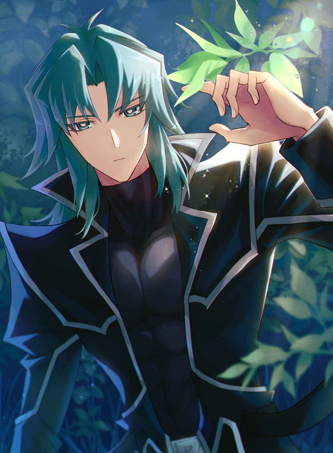 moisukii, marufuji ryo, yu-gi-oh!, yu-gi-oh! gx, highres, 1boy, adam's apple, branch, bright pupils, closed mouth, covered abs, covered pectorals, curtained hair, green eyes, green hair, long hair, long sleeves, looking at viewer, male focus, pectorals, solo, sparkle, toned, toned male, turtleneck, upper body, white pupils
