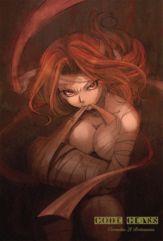 kacka, cornelia li britannia, code geass, 00s, 1girl, angry, bandages, breasts, cleavage, female focus, long hair, monochrome, mouth hold, red eyes, red theme, solo
