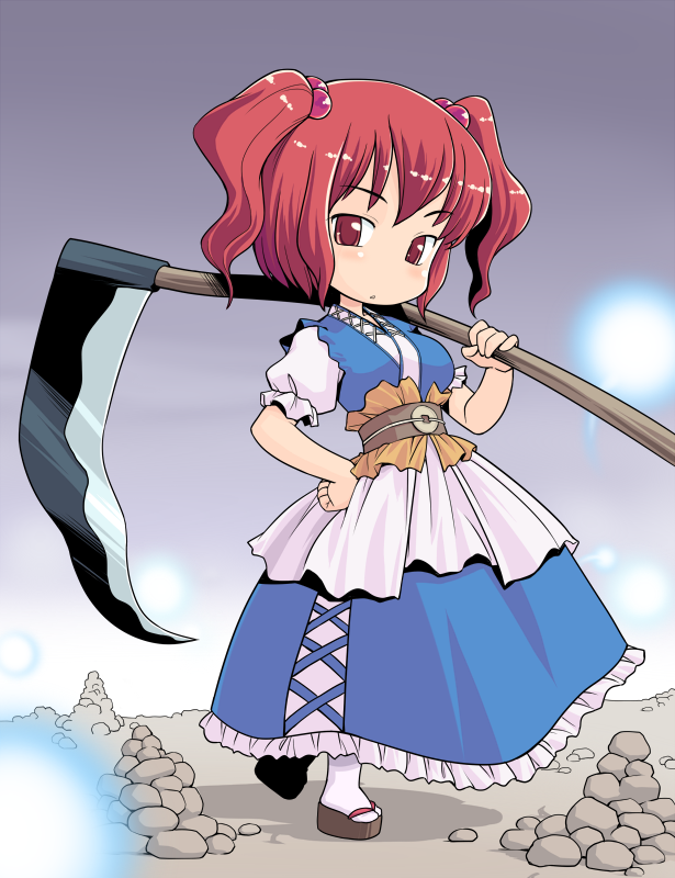 hinemosu notari, onozuka komachi, touhou, bad id, bad pixiv id, 1girl, chibi, female focus, full body, ghost, outdoors, red hair, scythe, short hair, solo, standing