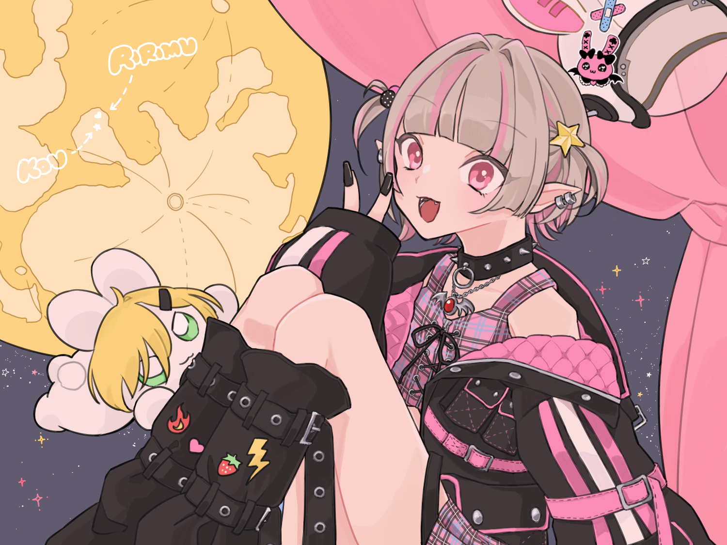 makaino ririmu, nijisanji, 1girl, :d, animal ears, animal ears helmet, animal helmet, arm belt, belt, black collar, black jacket, black leg warmers, black nails, blunt bangs, blush, chain, chain necklace, character name, collar, colored inner hair, crop top, cross-laced clothes, cross-laced top, curtains, ear cuffs, fake animal ears, fangs, flame print, food print, from side, fruit print, grey hair, hair bobbles, hair intakes, hair ornament, heart, heart print, helmet, jacket, jewelry, knees up, leg belt, leg warmers, lightning bolt print, looking at viewer, loose belt, makaino ririmu (6th costume), moon, multicolored hair, nail polish, necklace, night, no headwear, open clothes, open jacket, open mouth, pendant, pink belt, pink hair, pink jacket, plaid clothes, pointy ears, rabbit ears, red eyes, short hair, sitting, sky, sleeves past wrists, smile, solo, space helmet, spiked collar, spikes, star (symbol), sticker, strawberry print, streaked hair, stuffed animal, stuffed rabbit, stuffed toy, two-sided fabric, two-sided jacket, two side up, unworn headwear, virtual youtuber, white helmet, wolf cut, yori (gogoyoripi)