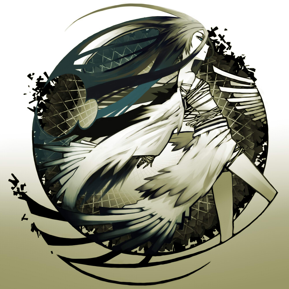 kahadu (kawazu), original, bad id, bad pixiv id, 1girl, bandages, black hair, blue eyes, female focus, long hair, monochrome, sarashi, solo, spot color, wings, yellow theme