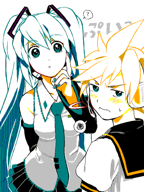 mitsugo, hatsune miku, kagamine len, vocaloid, bad id, bad pixiv id, aqua eyes, aqua hair, blonde hair, blush, long hair, red hair, very long hair