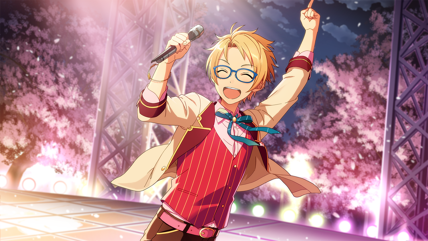 happy elements, yuuki makoto (ensemble stars!), ensemble stars!, game cg, official art, third-party source, 1boy, arms up, belt, belt buckle, blonde hair, blue-framed eyewear, bracelet, buckle, buttons, cherry blossoms, closed eyes, collared shirt, facing viewer, holding, holding microphone, index finger raised, jacket, jewelry, lapels, male focus, microphone, notched lapels, open clothes, open jacket, open mouth, pink belt, sakura fes (ensemble stars!), shirt, short hair, smile, solo, stage lights, striped clothes, teeth, three-quarter sleeves, upper body, upper teeth only, vest