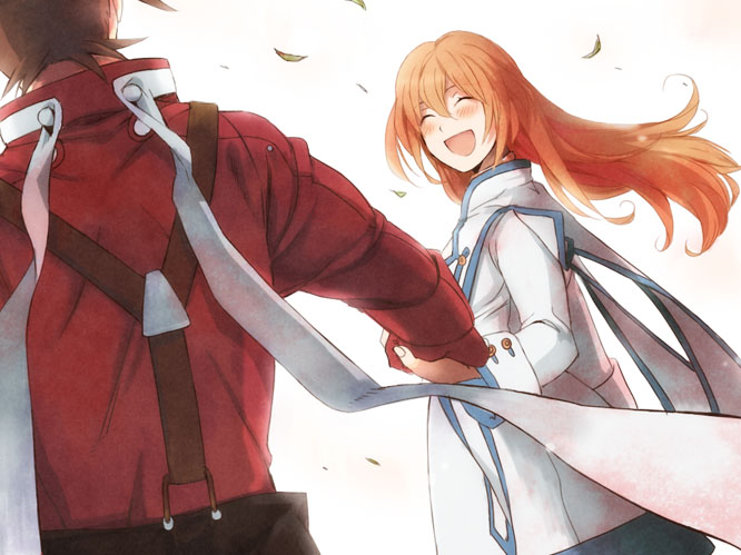 mitsugo, colette brunel, lloyd irving, tales of (series), tales of symphonia, bad id, bad pixiv id, 00s, 1boy, 1girl, blonde hair, blush, brown hair, closed eyes, hetero, holding hands, laughing, long hair, red shirt, shirt