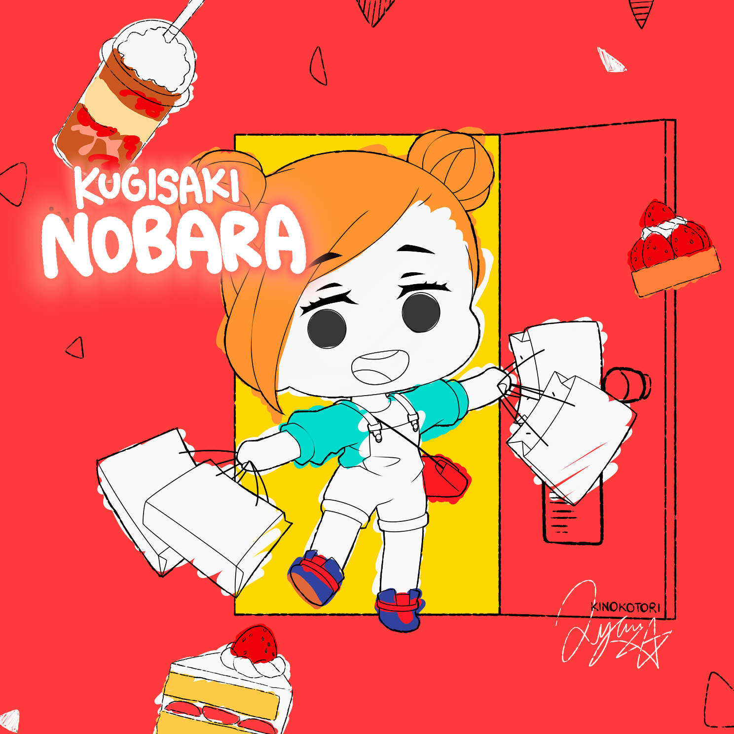 kinokorin, kugisaki nobara, jujutsu kaisen, commentary, highres, 1girl, blue shoes, cake, cake slice, character name, chibi, chibi only, doorway, double bun, eyelashes, food, fruit, full body, hair bun, open mouth, orange hair, overalls, partially colored, red bag, shoes, signature, solo, strawberry, white overalls
