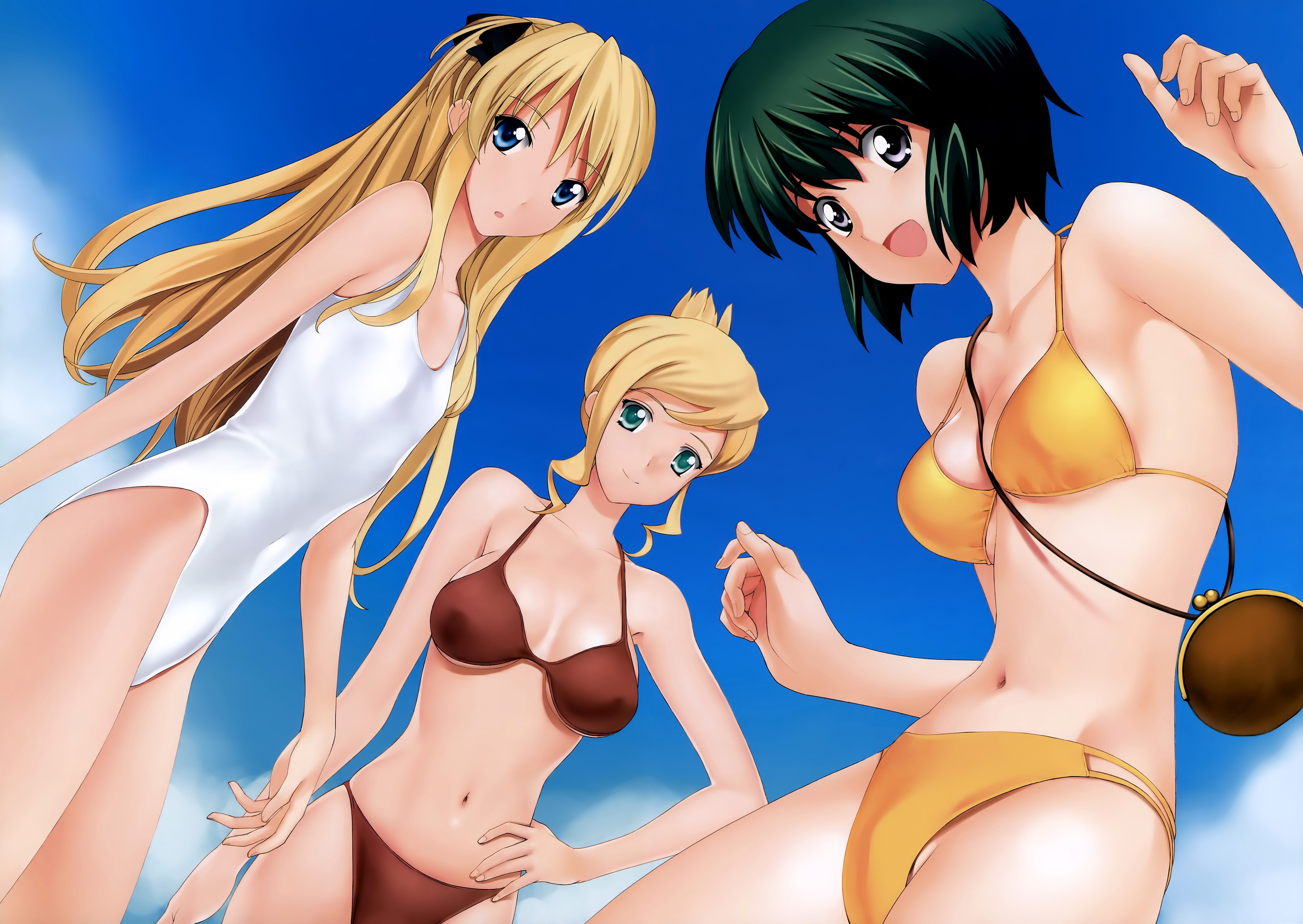 elisa, riel, shalon, quiz magic academy, absurdres, highres, non-web source, 3girls, bag, between breasts, bikini, blonde hair, blue eyes, breasts, cleavage, day, dutch angle, flat chest, green eyes, green hair, grey eyes, hair ribbon, hair up, hand on own hip, handbag, hip focus, long hair, medium breasts, multiple girls, one-piece swimsuit, ribbon, short hair, sky, small breasts, smile, swimsuit