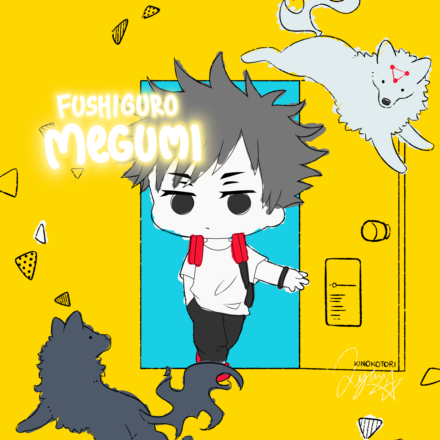 kinokorin, fushiguro megumi, jujutsu kaisen, highres, 1boy, black eyes, black hair, character name, chibi, chibi only, closed mouth, doorway, full body, gyokuken, jitome, male focus, pants, short hair, signature, spiked hair, wolf, yellow background