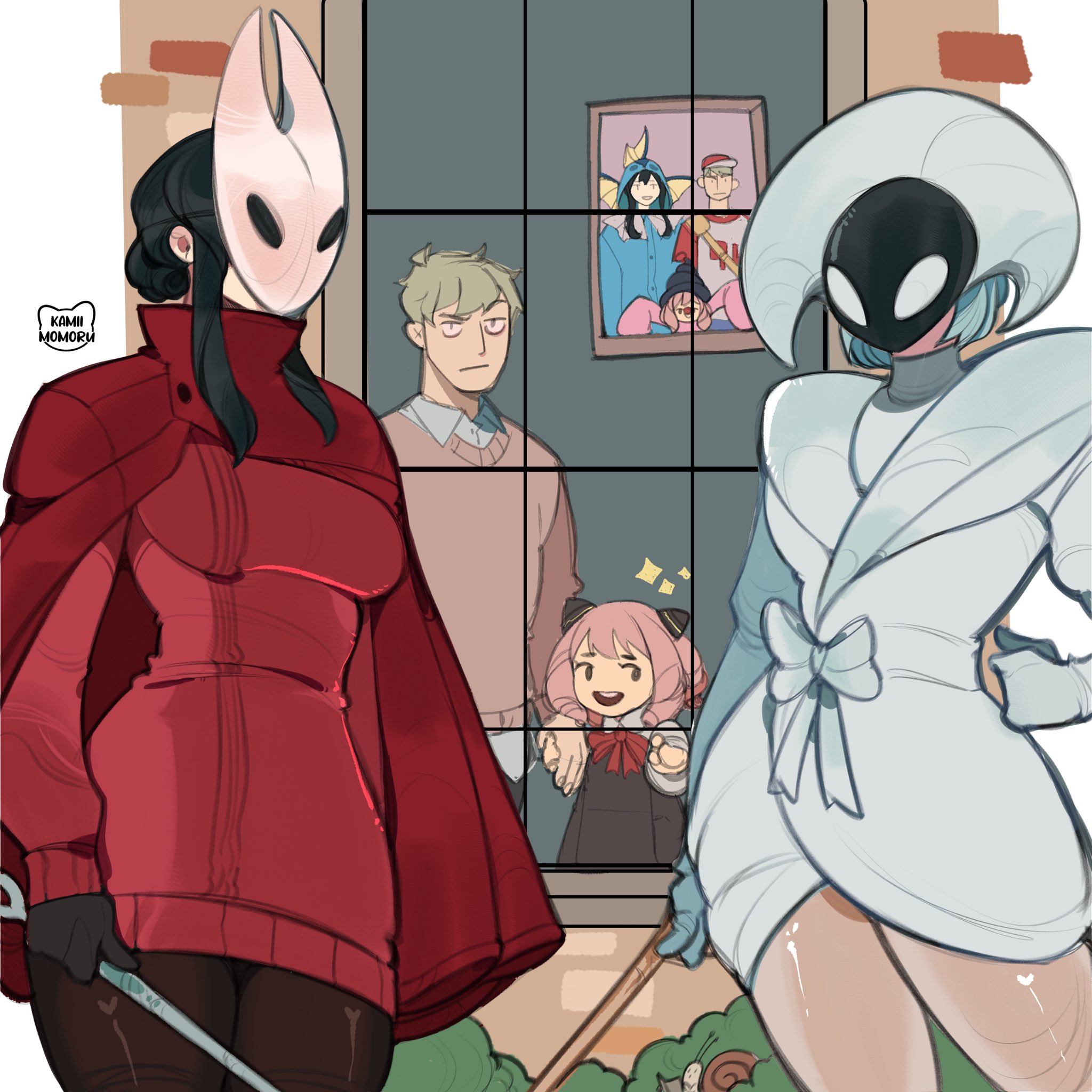 kamii momoru, anya (spy x family), fiona frost, hornet (hollow knight), twilight (spy x family), yor briar, spy x family, black bodystocking, highres, 1boy, 3girls, black bodysuit, bodysuit, cape, character mask, chitin, cloak, cosplay, horned mask, hornet (hollow knight) (cosplay), latex, latex bodysuit, mask, mask on head, multiple girls, needle (hollow knight), red cape, red cloak, white mask