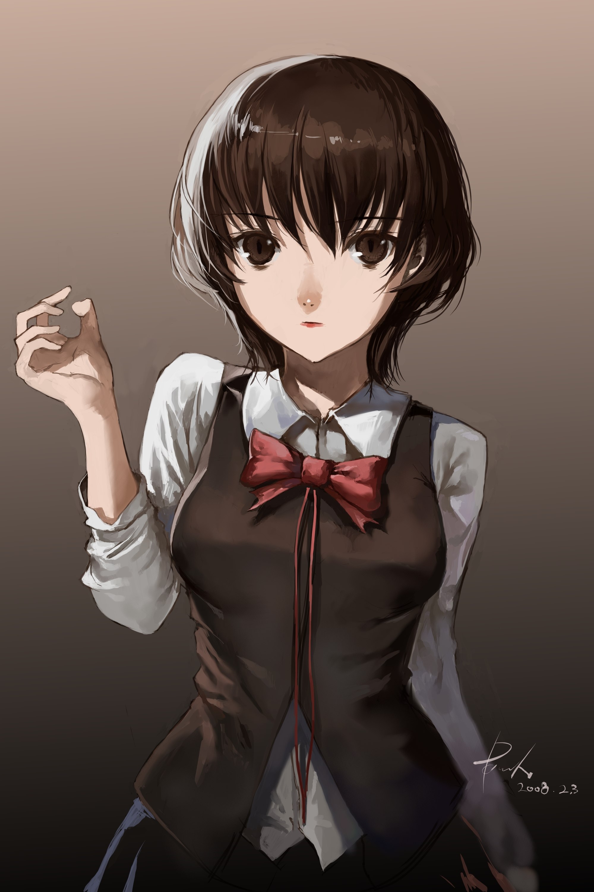 ggongzza, absurdres, highres, bow, bowtie, brown eyes, brown hair, school uniform, serafuku, solo