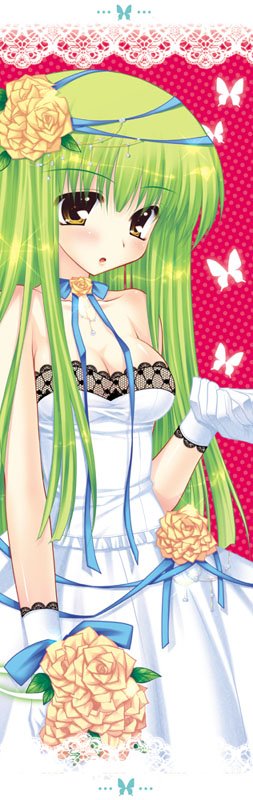 araiguma, c.c., code geass, bad id, bad pixiv id, long image, tall image, 00s, 1girl, :o, blue ribbon, bouquet, breasts, bug, butterfly, cleavage, dress, flower, gloves, green hair, hair flower, hair ornament, lace, long hair, ribbon, rose, solo focus, white gloves, yellow flower, yellow rose