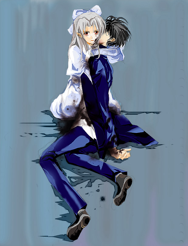 aki (sakami), nanaya shiki, tohno shiki, white len (tsukihime), melty blood, tsukihime, type-moon, 00s, albino, blood, death, pointy ears, red eyes, white hair