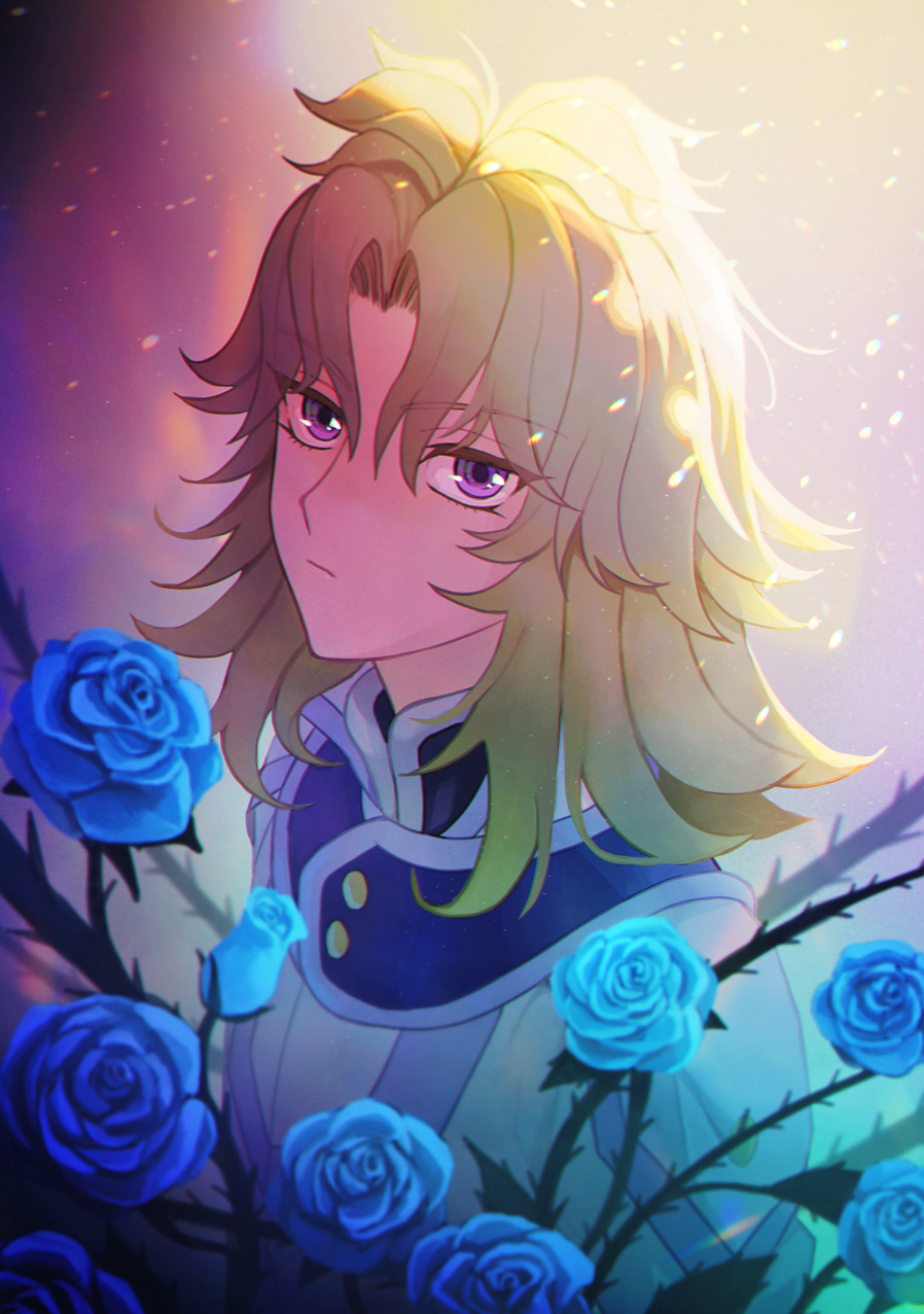 moisukii, fujiwara yuusuke, yu-gi-oh!, yu-gi-oh! gx, commentary request, highres, 1boy, blonde hair, blue flower, blue rose, closed mouth, flower, frown, jacket, long hair, looking at viewer, male focus, purple eyes, rose, sidelighting, solo, thorns, upper body, white jacket