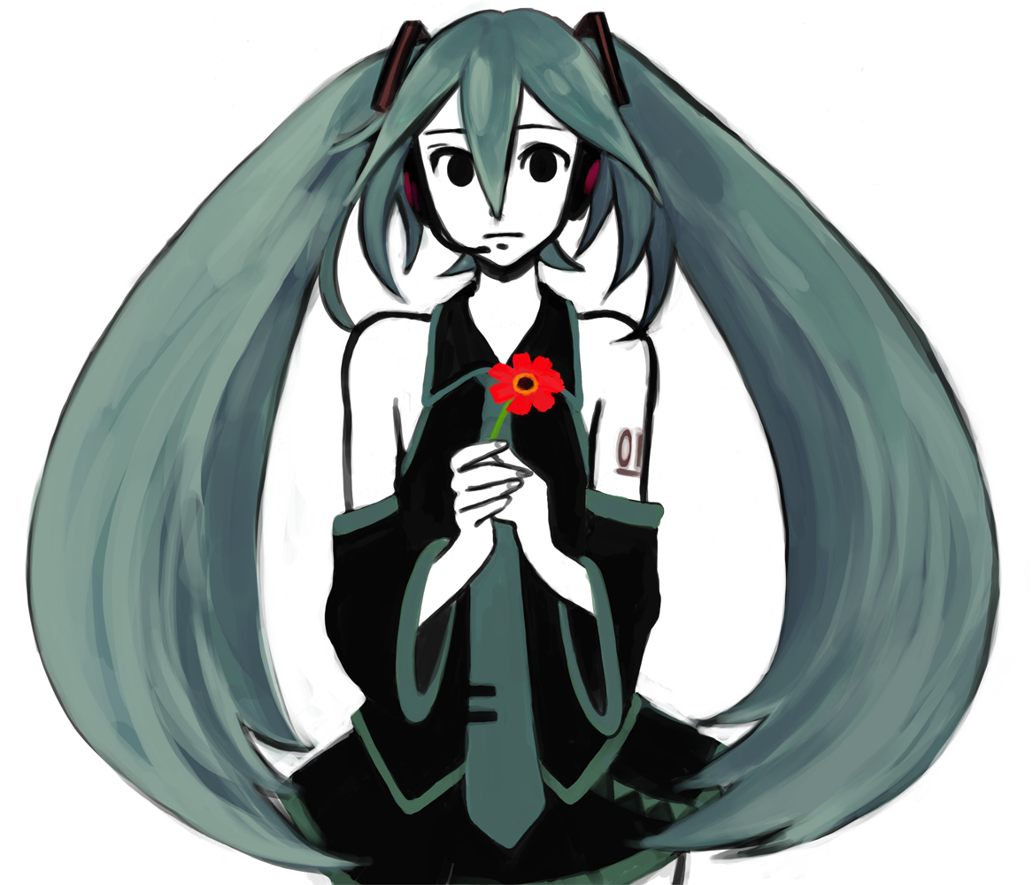 kitayama, hatsune miku, saihate (vocaloid), vocaloid, bad id, bad pixiv id, black eyes, blue hair, detached sleeves, flower, long hair, necktie, solo, twintails