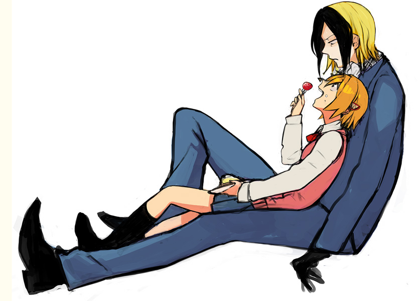 kitayama, katsuragi yako, nougami neuro, majin tantei nougami neuro, bad id, bad pixiv id, 00s, 1boy, 1girl, blonde hair, cake, colored bangs, couple, eating, food, food on face, fork, formal clothes, frown, fruit, height difference, lying, multicolored hair, orange hair, pastry, short hair, sitting, sitting on lap, sitting on person, strawberry, suit