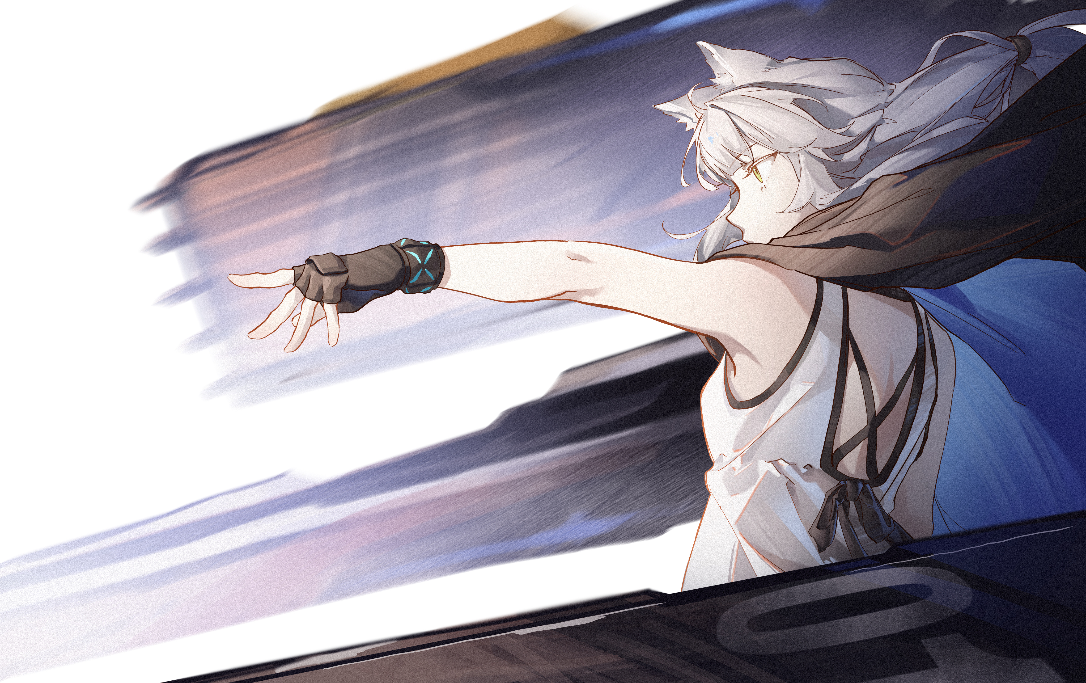 haaahoi, infection monitor (arknights), rosmontis (arknights), arknights, absurdres, commentary, english commentary, highres, 1girl, ahoge, animal ear fluff, animal ears, armpits, back, back bow, bare shoulders, black bow, black cape, black gloves, blunt bangs, bow, bracelet, breasts, cape, cat ears, dress, expressionless, film grain, fingerless gloves, floating cape, floating hair, from behind, gloves, hair tie, hand up, jewelry, long hair, looking ahead, outstretched arm, pointing, profile, sleeveless, sleeveless dress, small breasts, solo, upper body, white dress, white hair, yellow eyes