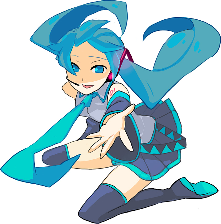 kitayama, hatsune miku, vocaloid, bad id, bad pixiv id, blue eyes, blue hair, detached sleeves, kneeling, long hair, necktie, skirt, solo, thighhighs, twintails
