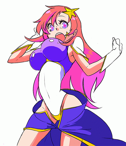 kitayama, meer campbell, gundam, gundam seed, gundam seed destiny, bad id, bad pixiv id, lowres, 00s, 1girl, bouncing breasts, breasts, female focus, gloves, gradient hair, hair ornament, heart, large breasts, leotard, long hair, multicolored hair, open mouth, pink hair, purple eyes, skirt, solo, star (symbol), star hair ornament