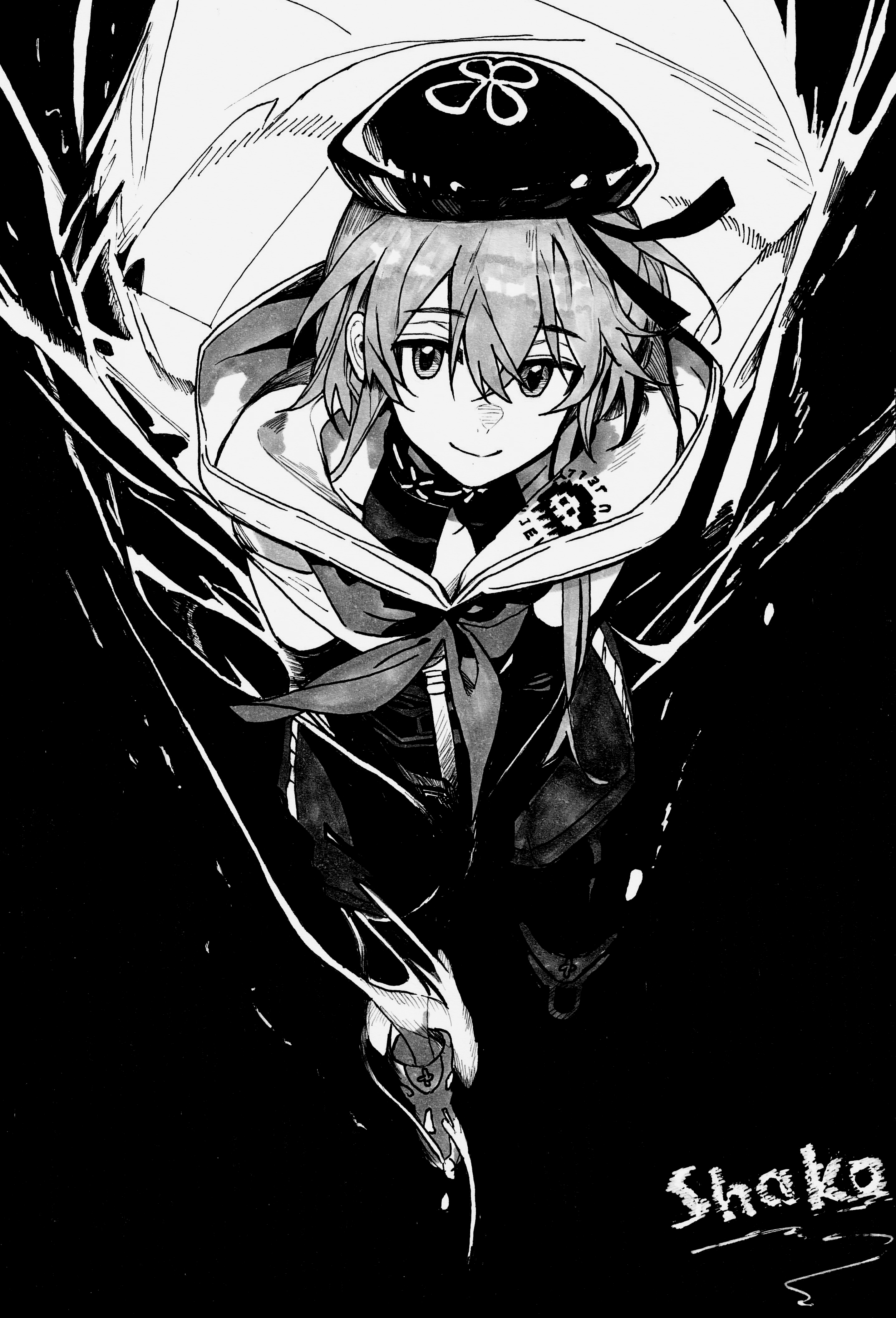 shako xc, infection monitor (arknights), mizuki (arknights), arknights, absurdres, highres, traditional media, 1boy, black background, choker, detached sleeves, greyscale, hair between eyes, hat, hat ribbon, hood, hood down, looking at viewer, looking up, male focus, monochrome, neckerchief, raised inner eyebrows, ribbon