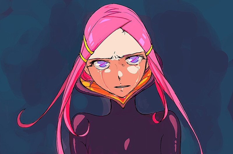kitayama, anemone (eureka seven), eureka seven, eureka seven (series), bad id, bad pixiv id, 00s, 1girl, female focus, hair ornament, hairclip, long hair, pink hair, purple eyes, solo, tears