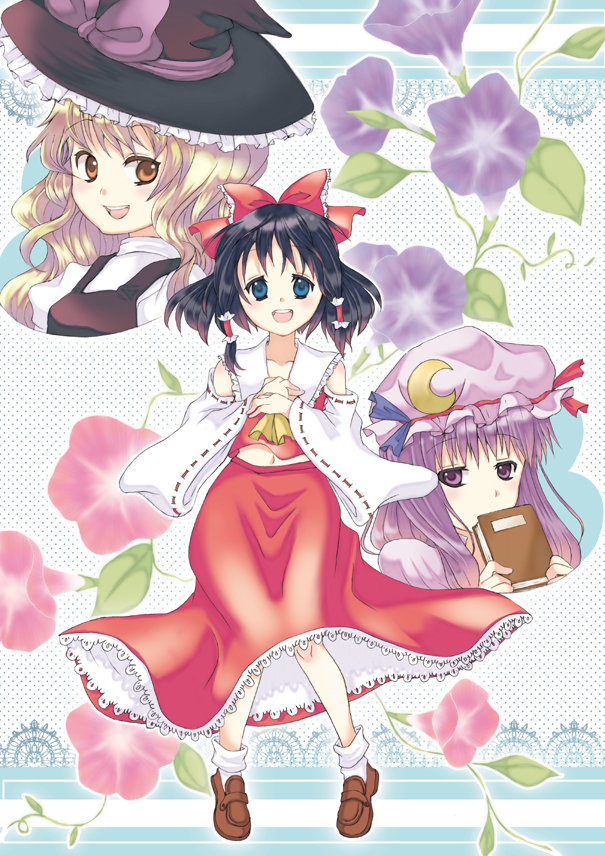 hakurei reimu, kirisame marisa, patchouli knowledge, touhou, brown footwear, 3girls, ascot, black hair, blonde hair, book, covering own mouth, doily, female focus, flower, full body, hat, japanese clothes, long hair, long skirt, miko, mob cap, morning glory, multiple girls, purple hair, red skirt, ribbon, shoes, short hair, skirt, skirt set, socks, teeth, yellow ascot